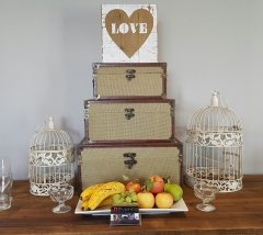 Vintage Suitcases (set of 3), Vintage bird cages (sml & large, platter and sherbet dishes on timber bar table